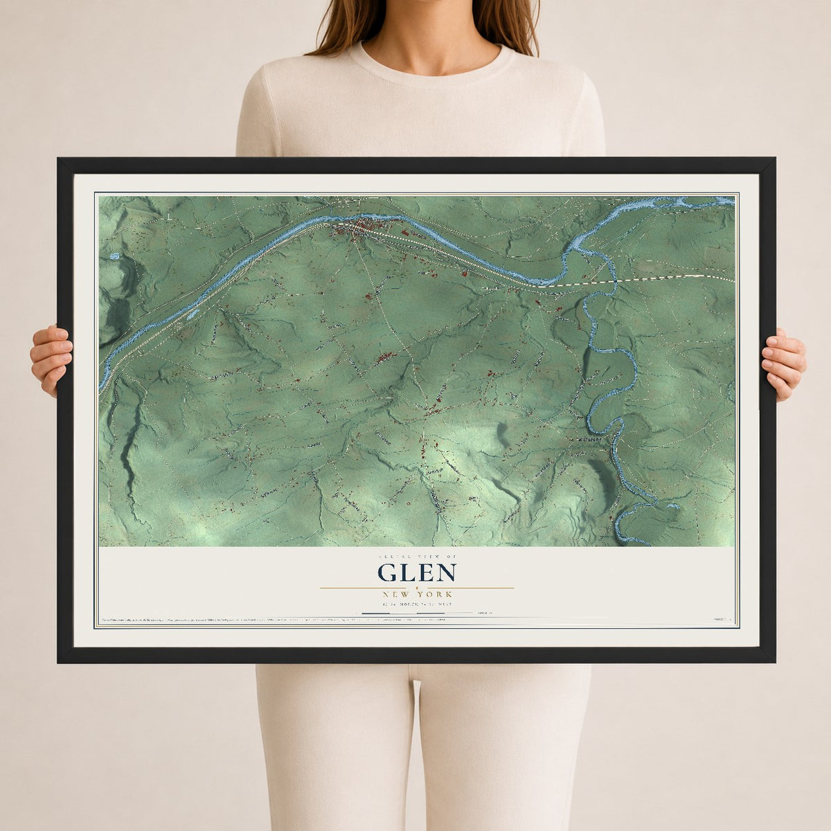 Glen, New York map print, 24" x 36" W/ Black Ayous Wood Frame mockup