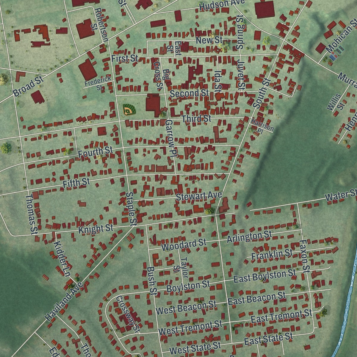 Close-up 2 of the Glens Falls, New York map artwork