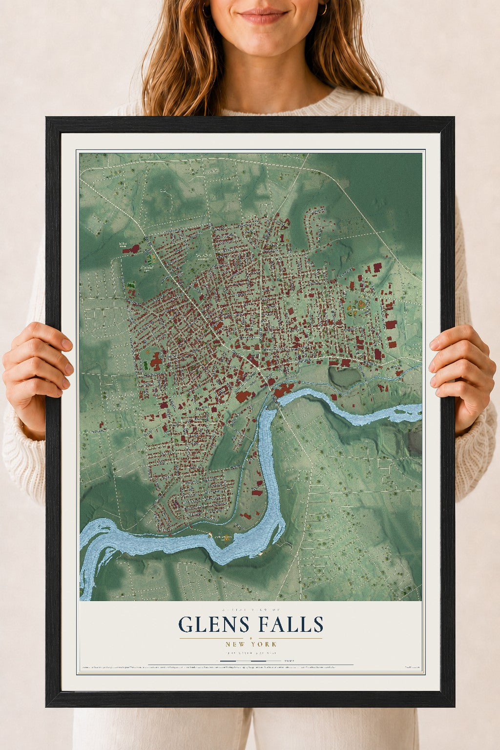 Glens Falls, New York map print, 18" x 24" W/ Black Ayous Wood Frame mockup