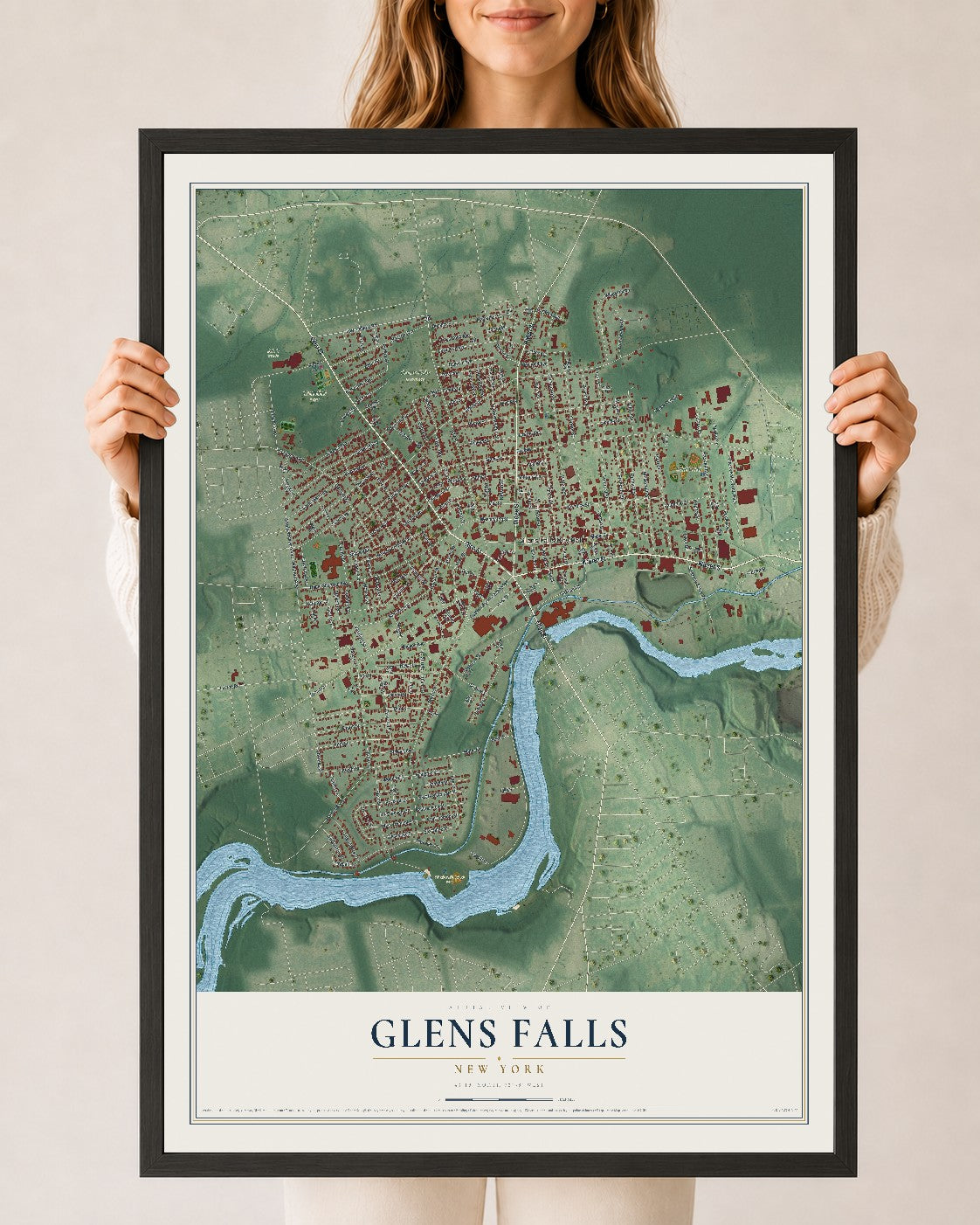 Glens Falls, New York map print, 24" x 36" W/ Black Ayous Wood Frame mockup