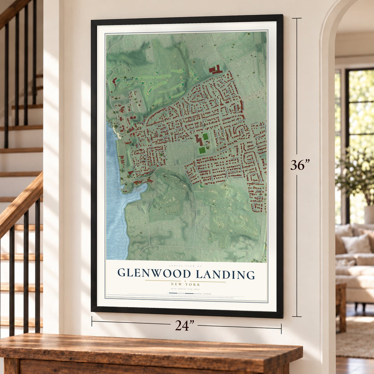 Glenwood Landing, New York map, 24 x 36 inch print in a black frame by a staircase