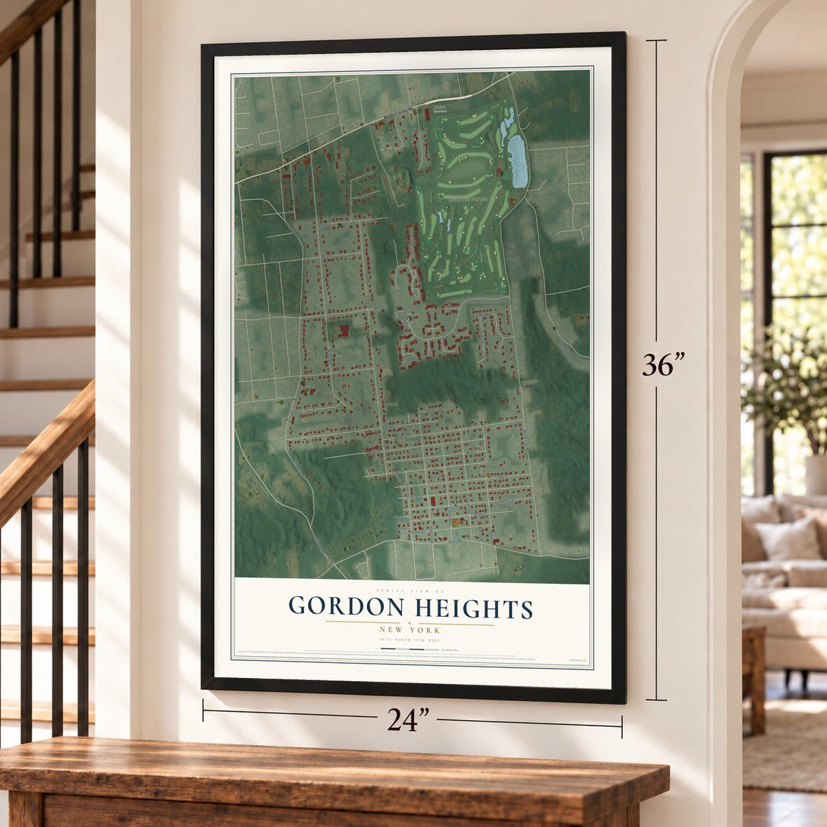 Gordon Heights, New York map, 24 x 36 inch print in a black frame by a staircase