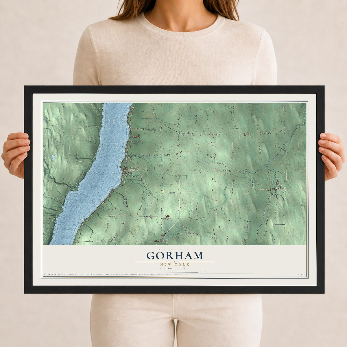 Gorham, New York map print, 12" x 18" W/ Black Ayous Wood Frame mockup