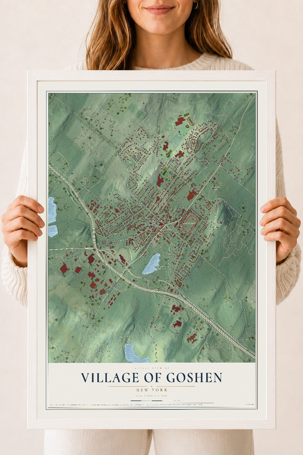 Goshen, New York map print, 18" x 24" W/ White Ayous Wood Frame mockup