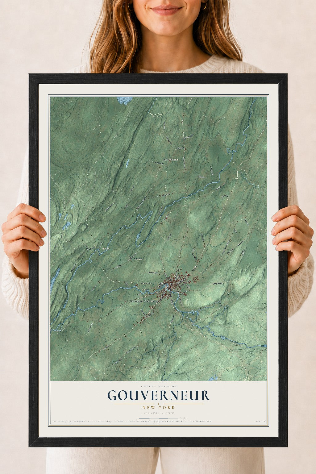 Gouverneur, New York map print, 18" x 24" W/ Black Ayous Wood Frame mockup