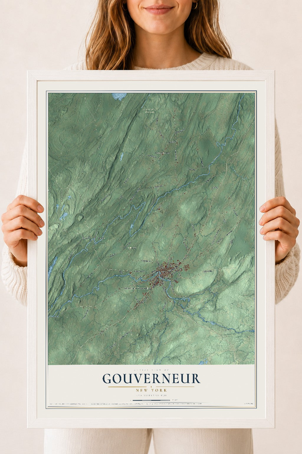 Gouverneur, New York map print, 18" x 24" W/ White Ayous Wood Frame mockup