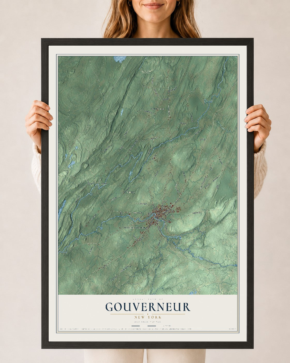 Gouverneur, New York map print, 24" x 36" W/ Black Ayous Wood Frame mockup