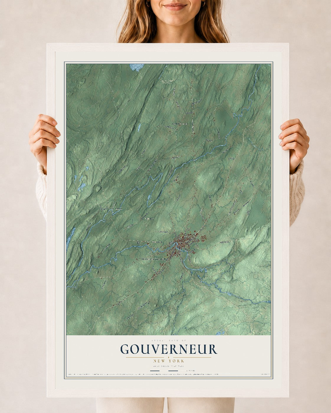 Gouverneur, New York map print, 24" x 36" W/ White Ayous Wood Frame mockup