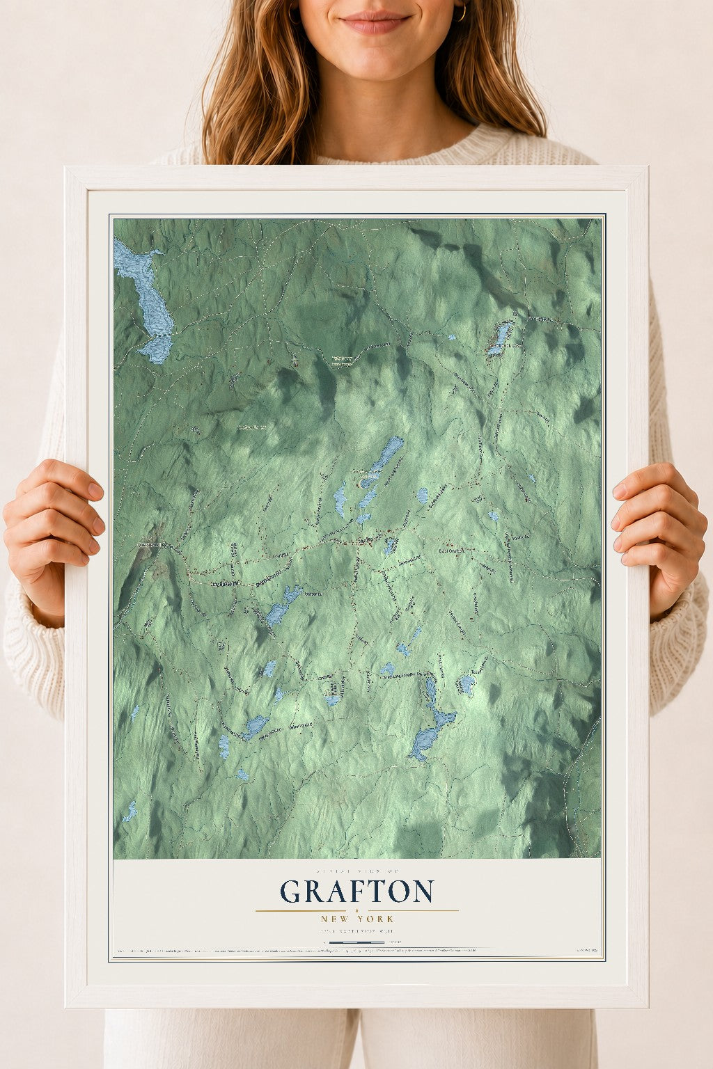 Grafton, New York map print, 18" x 24" W/ White Ayous Wood Frame mockup