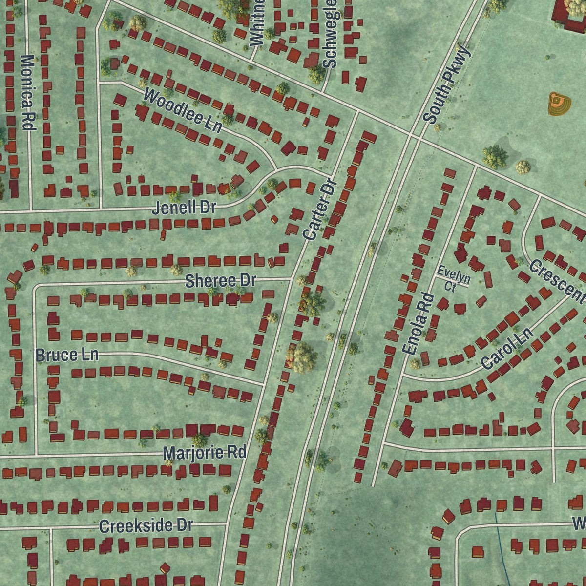Close-up of the map of Grandyle Village, New York print showing street and building detail