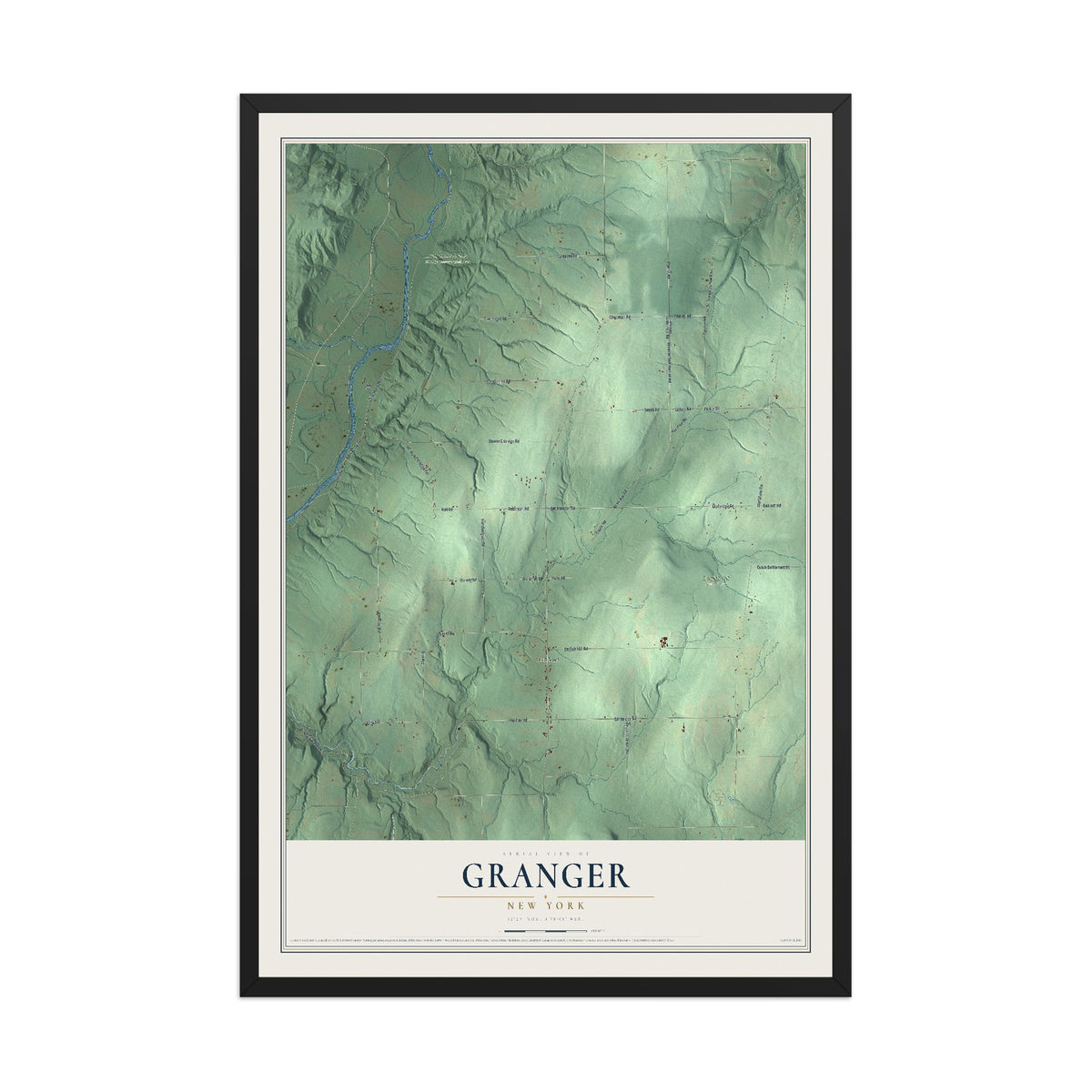 Granger, New York map print, 12" x 18" W/ Black Ayous Wood Frame mockup