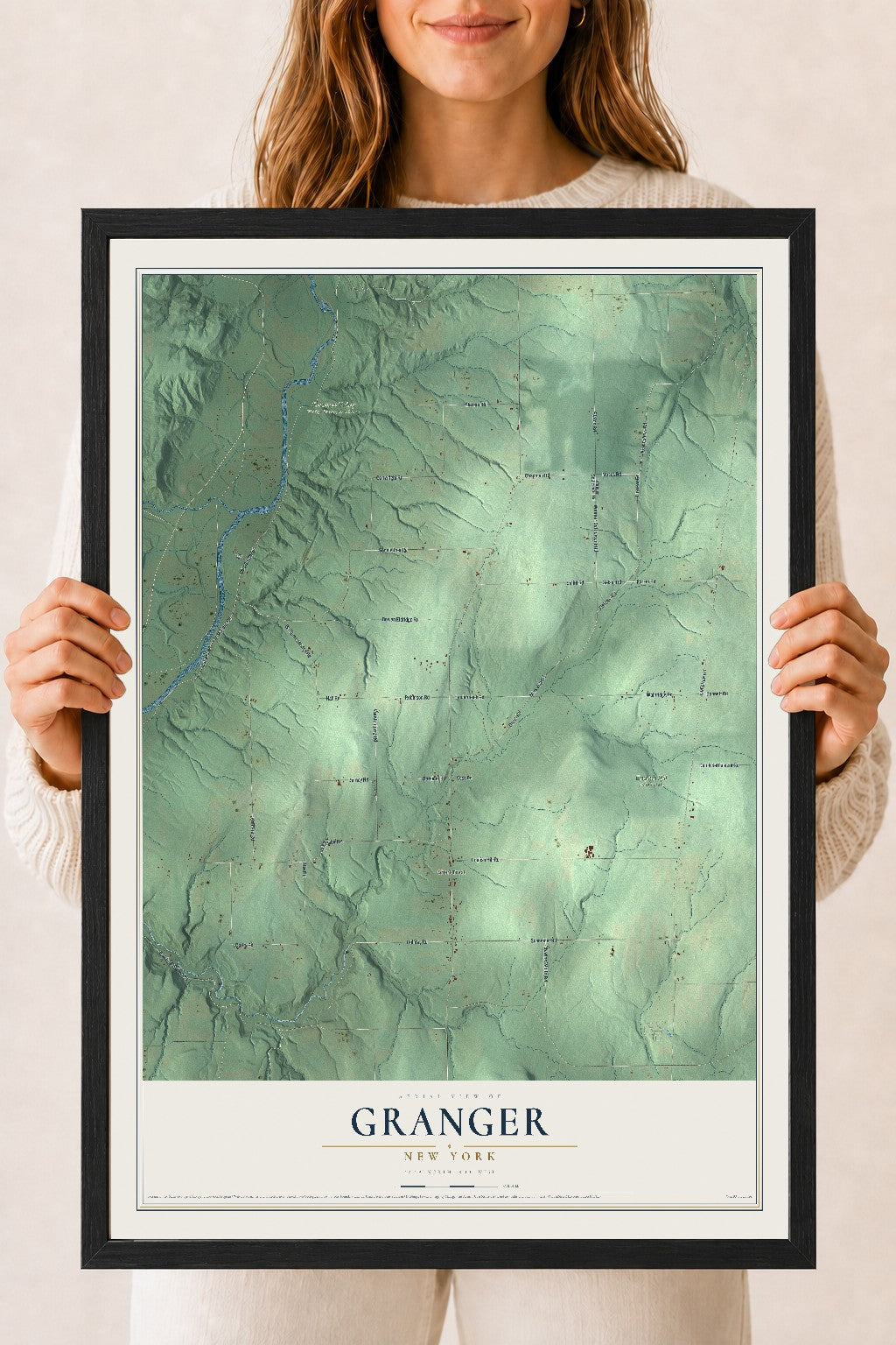 Granger, New York map print, 18" x 24" W/ Black Ayous Wood Frame mockup