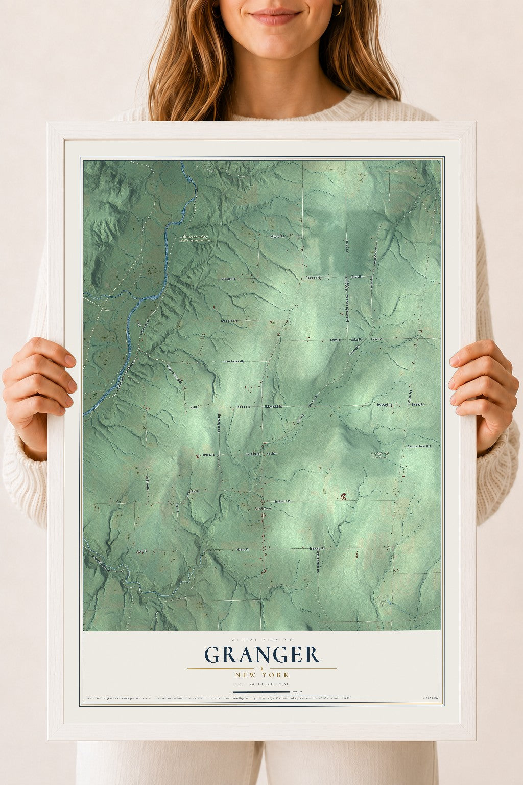 Granger, New York map print, 18" x 24" W/ White Ayous Wood Frame mockup