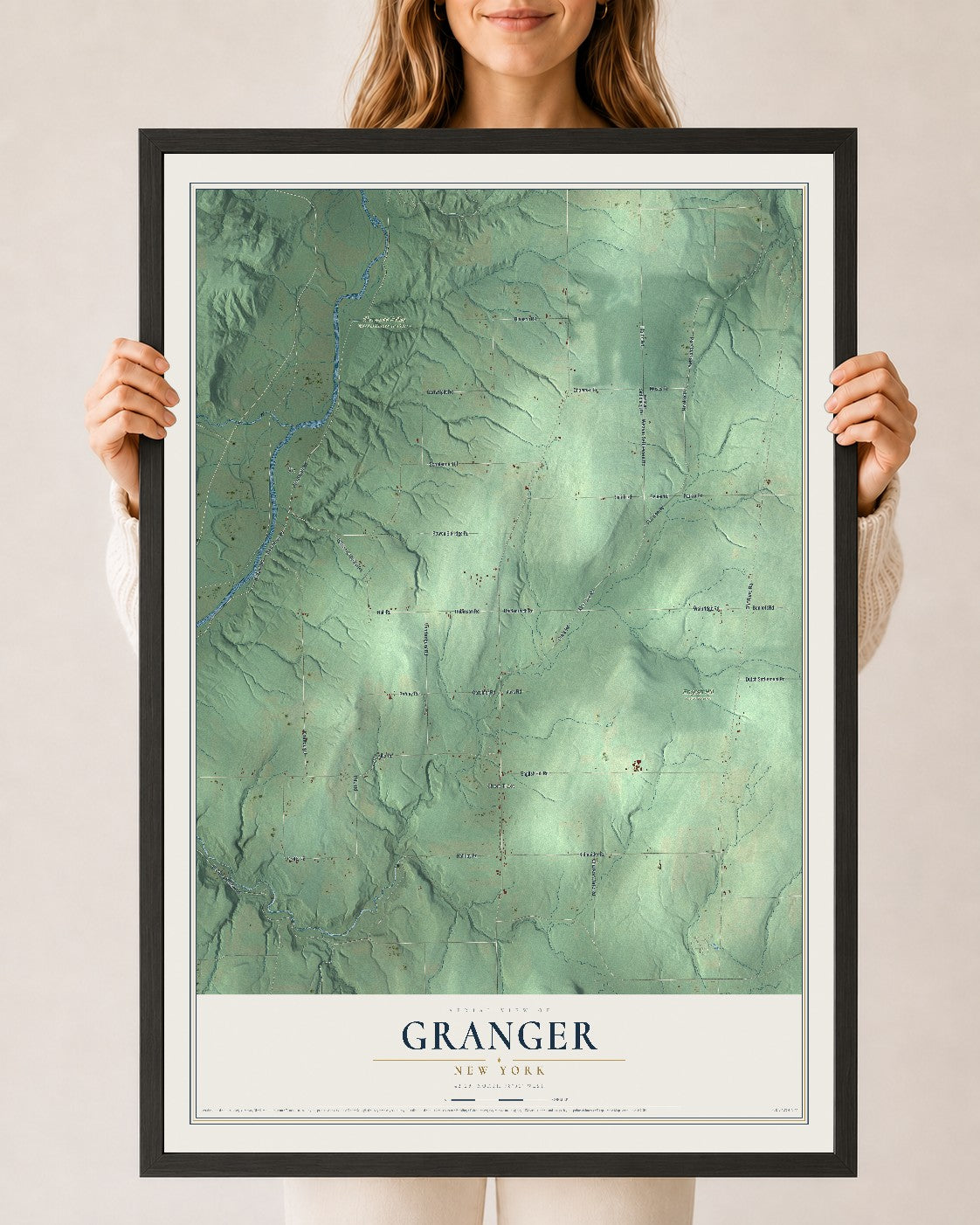 Granger, New York map print, 24" x 36" W/ Black Ayous Wood Frame mockup