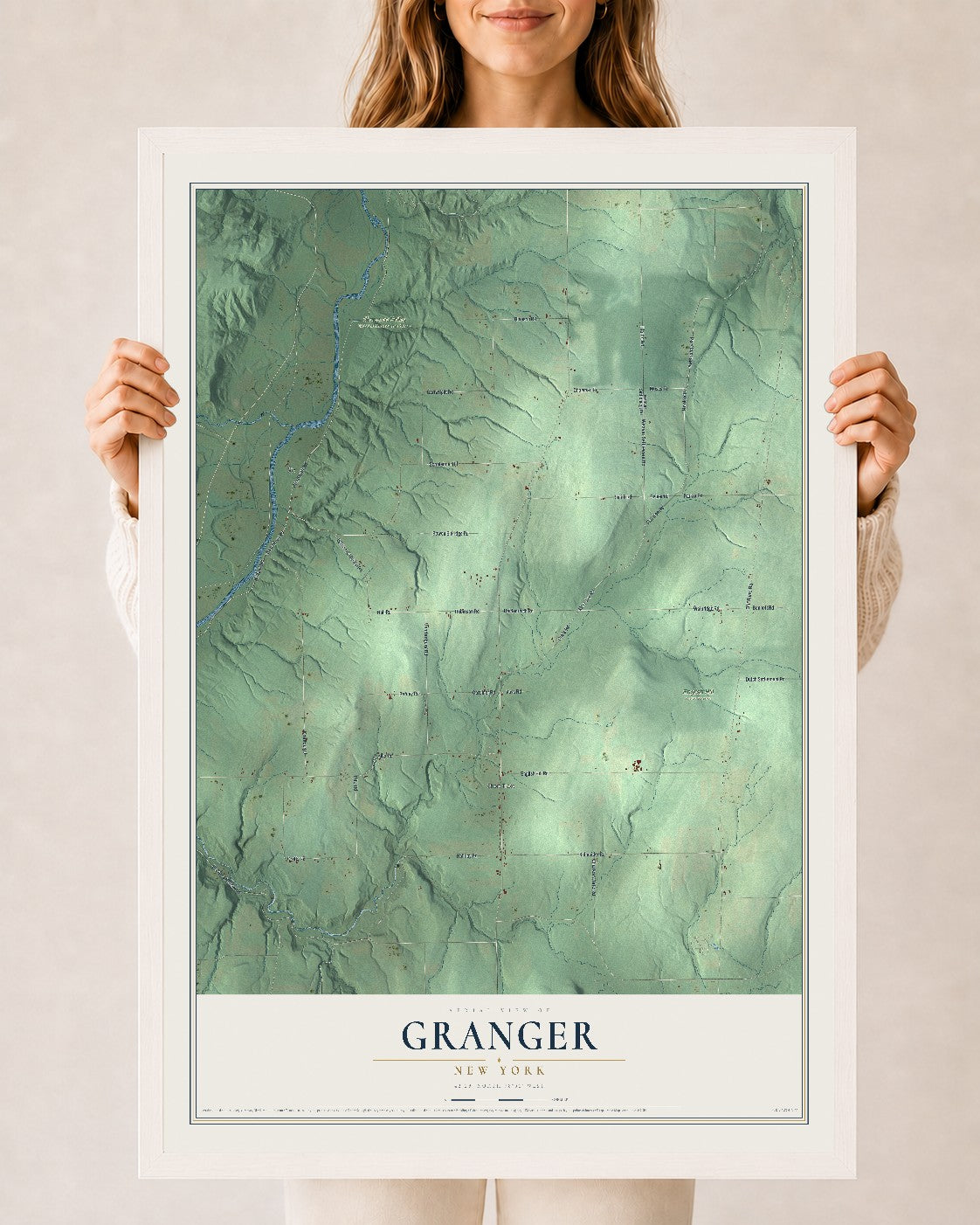 Granger, New York map print, 24" x 36" W/ White Ayous Wood Frame mockup