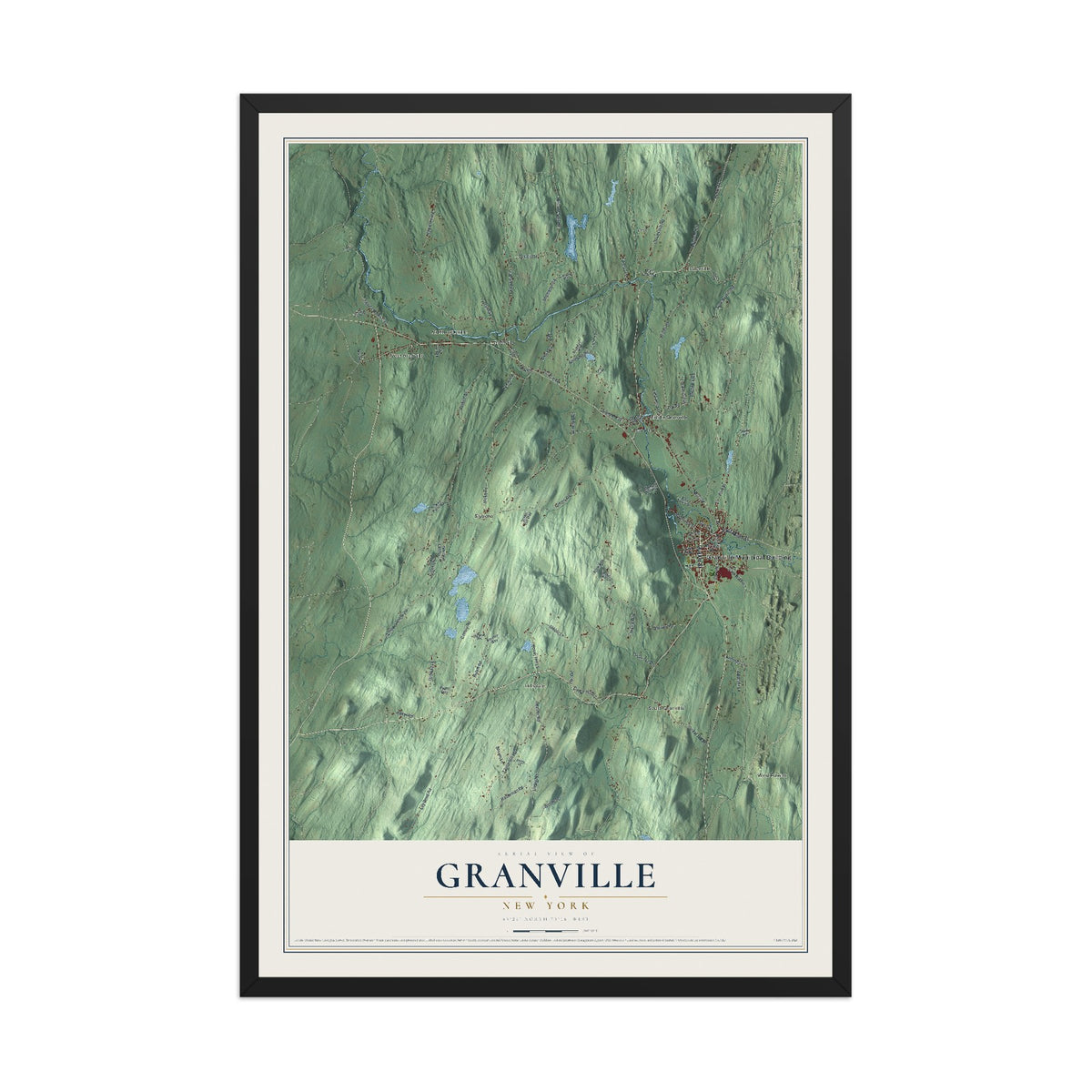 Granville, New York map print, 12" x 18" W/ Black Ayous Wood Frame mockup