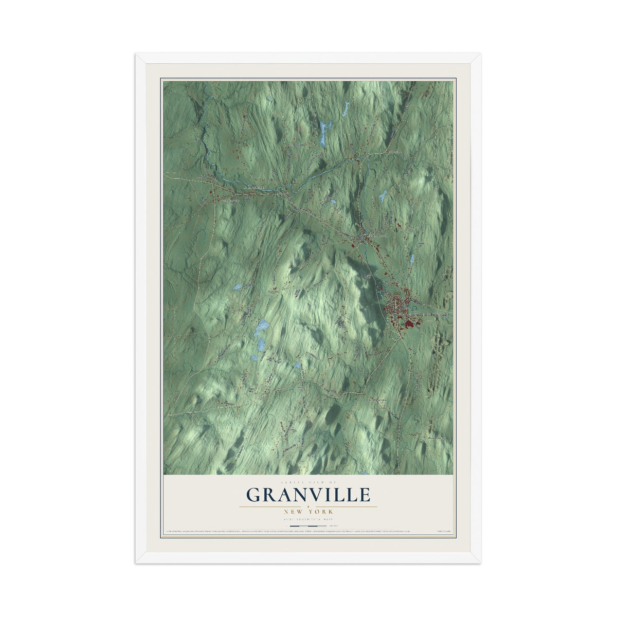 Granville, New York map print, 12" x 18" W/ White Ayous Wood Frame mockup