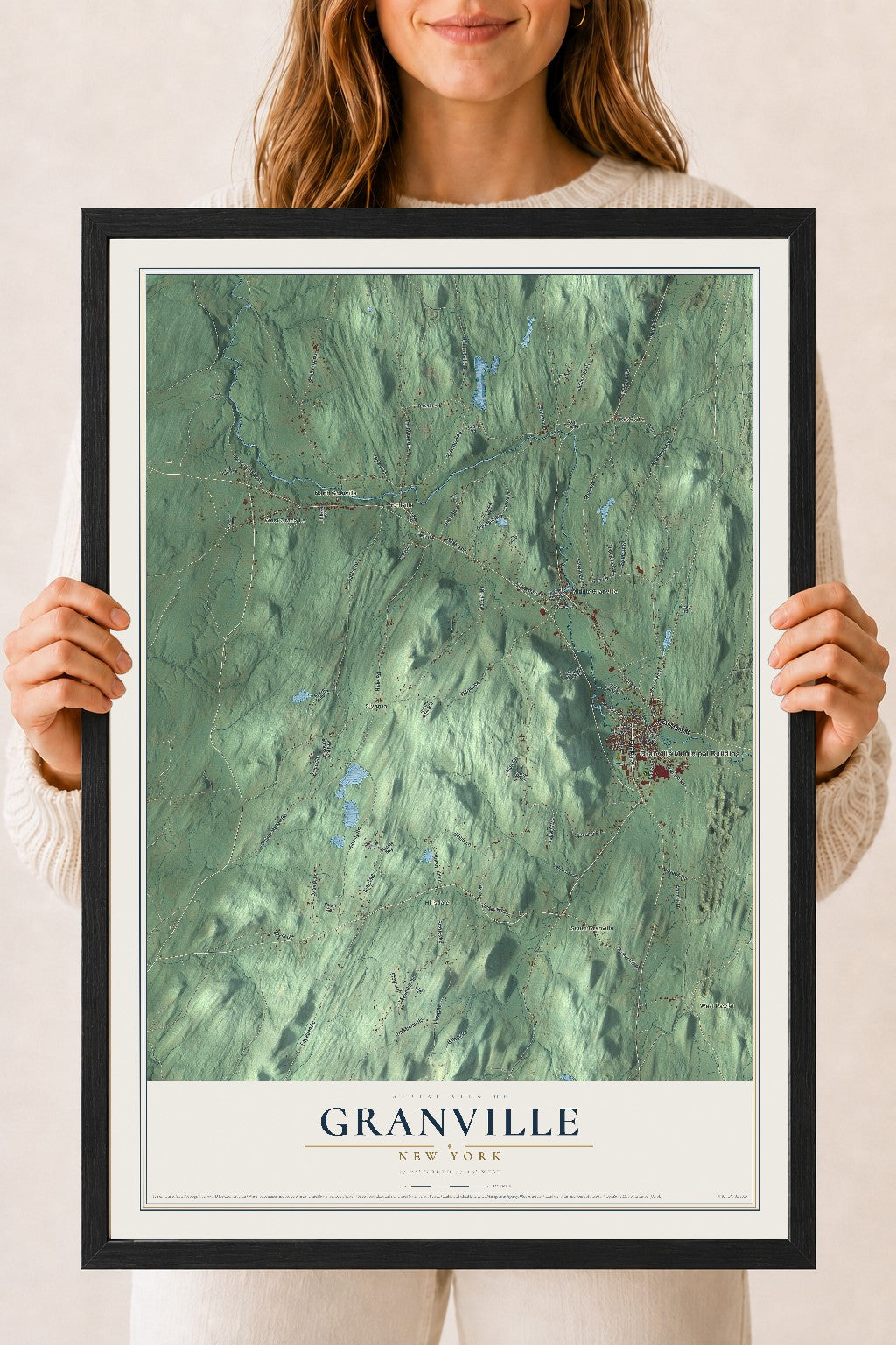Granville, New York map print, 18" x 24" W/ Black Ayous Wood Frame mockup
