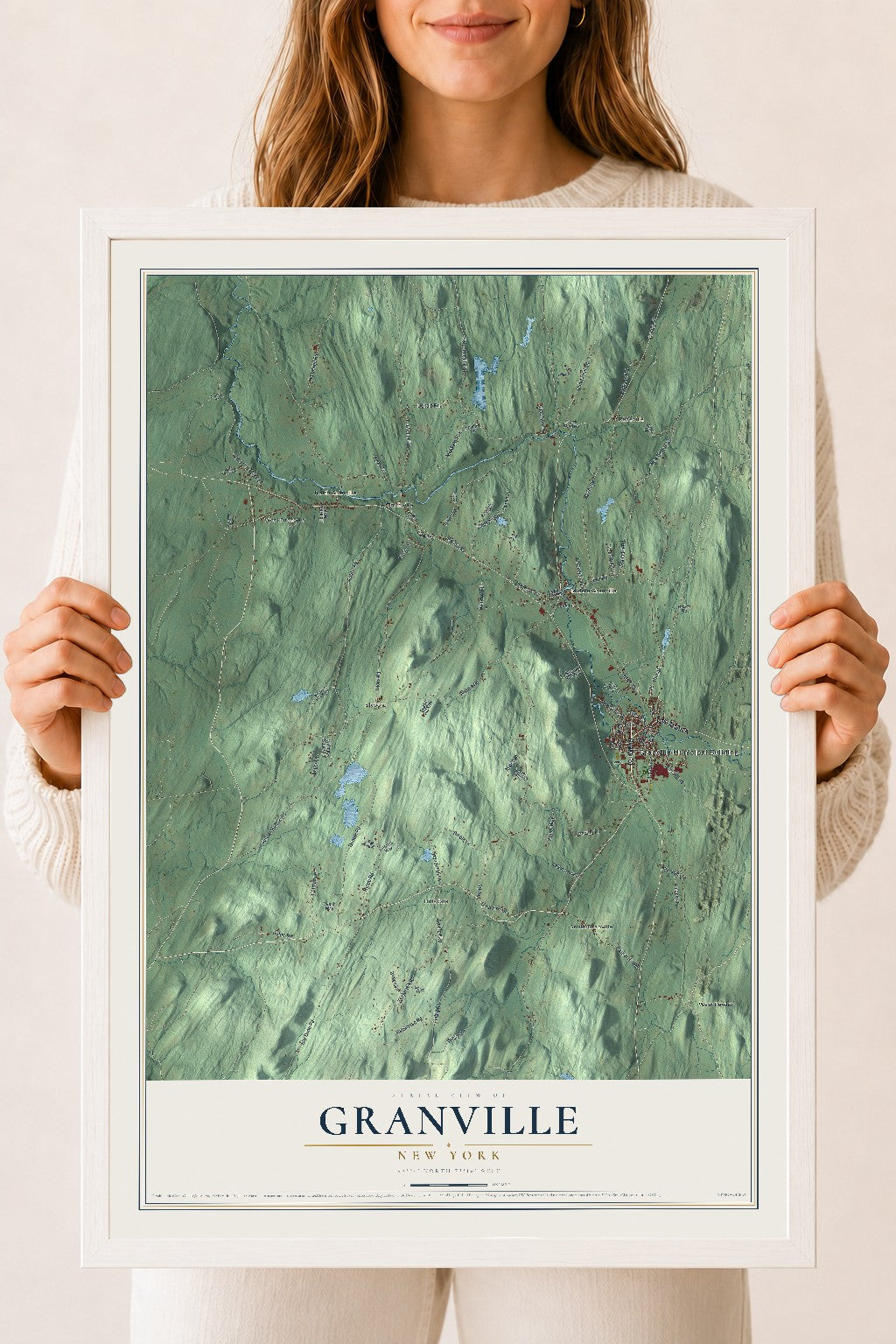 Granville, New York map print, 18" x 24" W/ White Ayous Wood Frame mockup