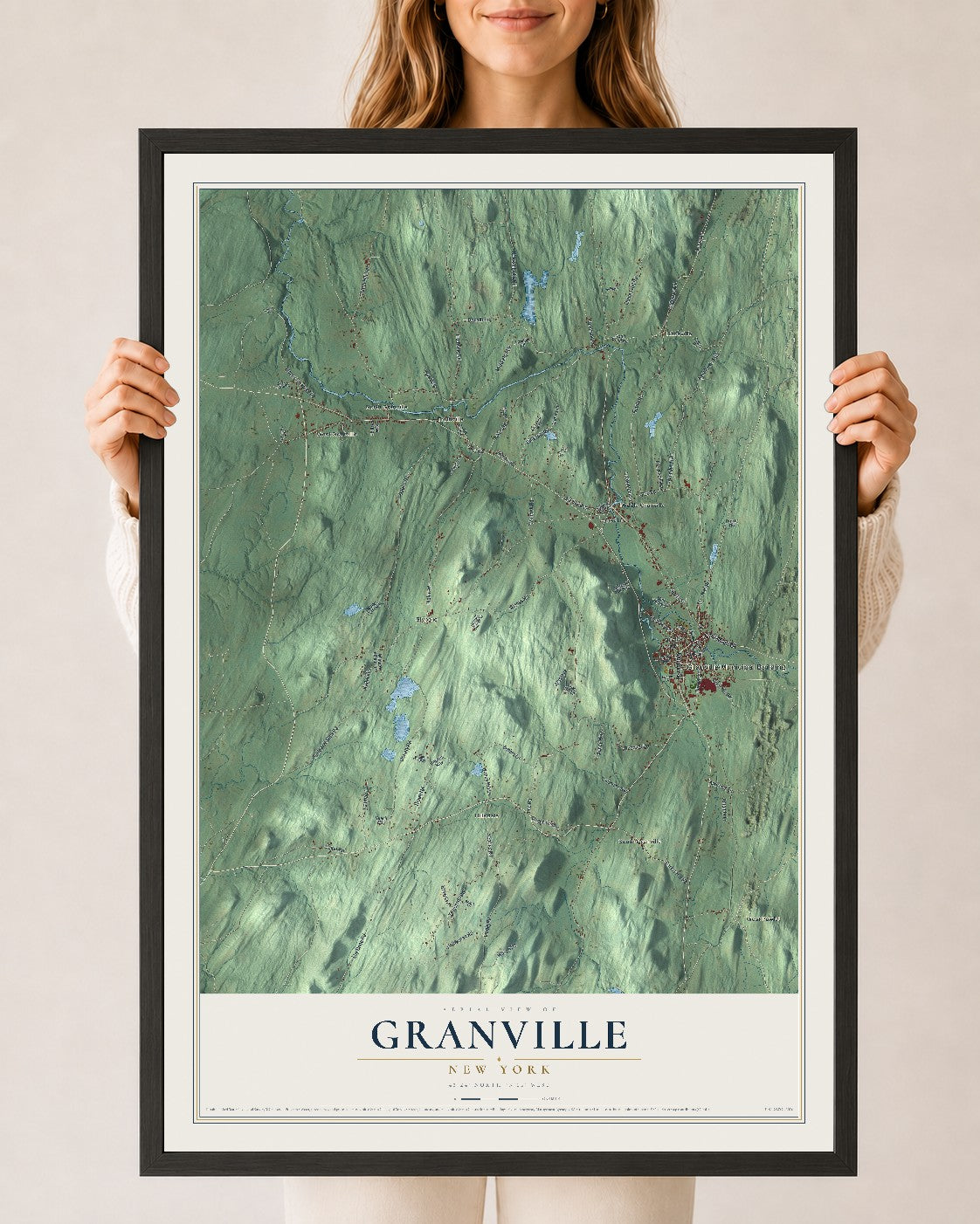Granville, New York map print, 24" x 36" W/ Black Ayous Wood Frame mockup