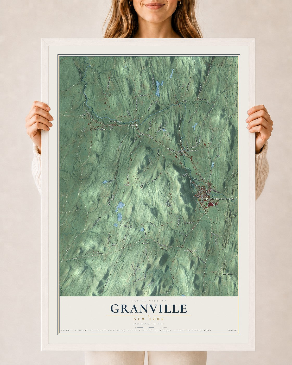 Granville, New York map print, 24" x 36" W/ White Ayous Wood Frame mockup