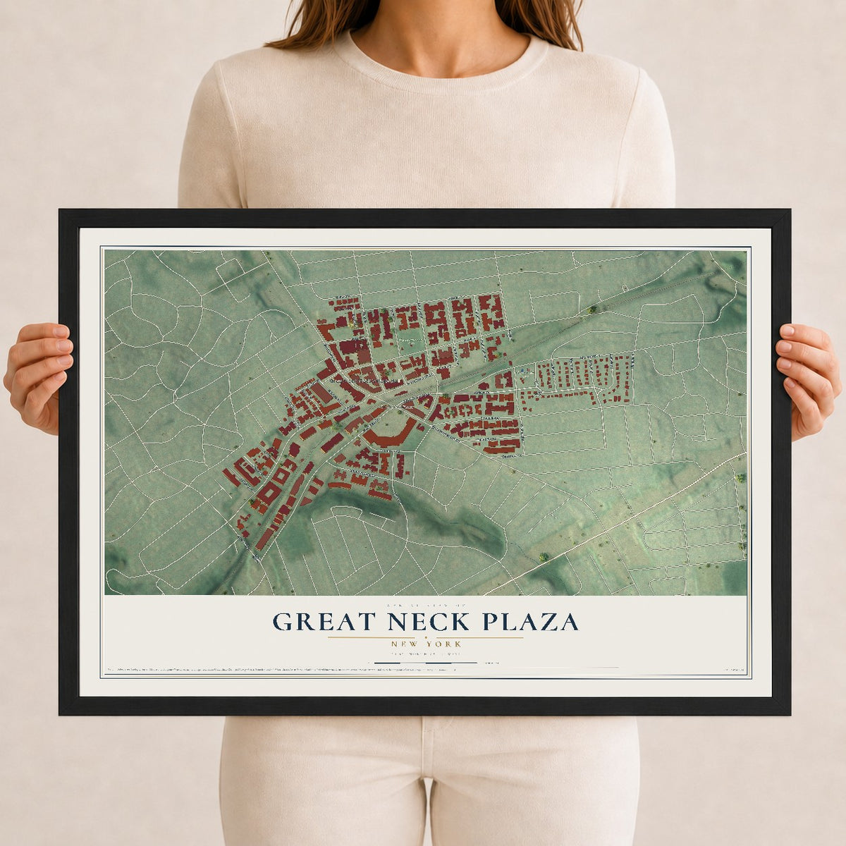 Great Neck Plaza, New York map print, 12" x 18" W/ Black Ayous Wood Frame mockup