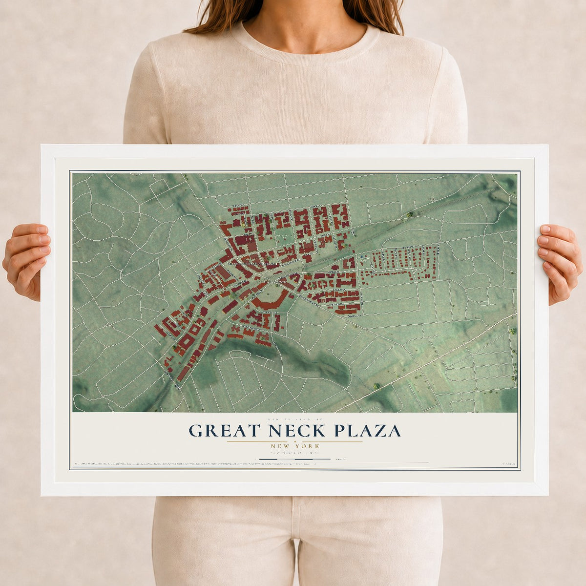 Great Neck Plaza, New York map print, 12" x 18" W/ White Ayous Wood Frame mockup