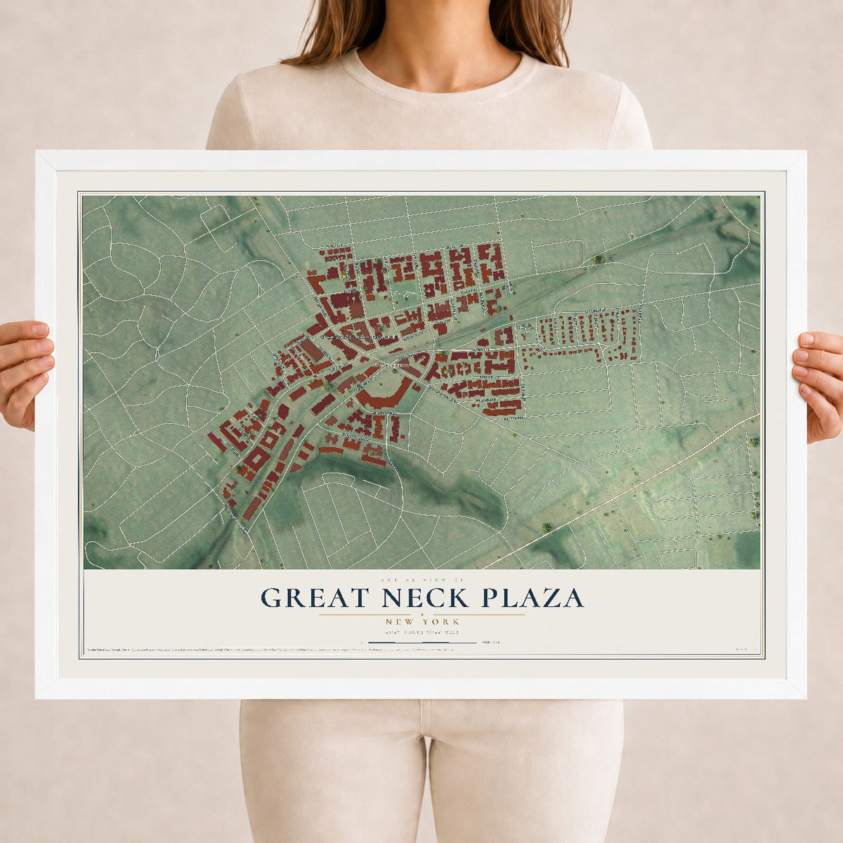 Great Neck Plaza, New York map print, 18" x 24" W/ White Ayous Wood Frame mockup
