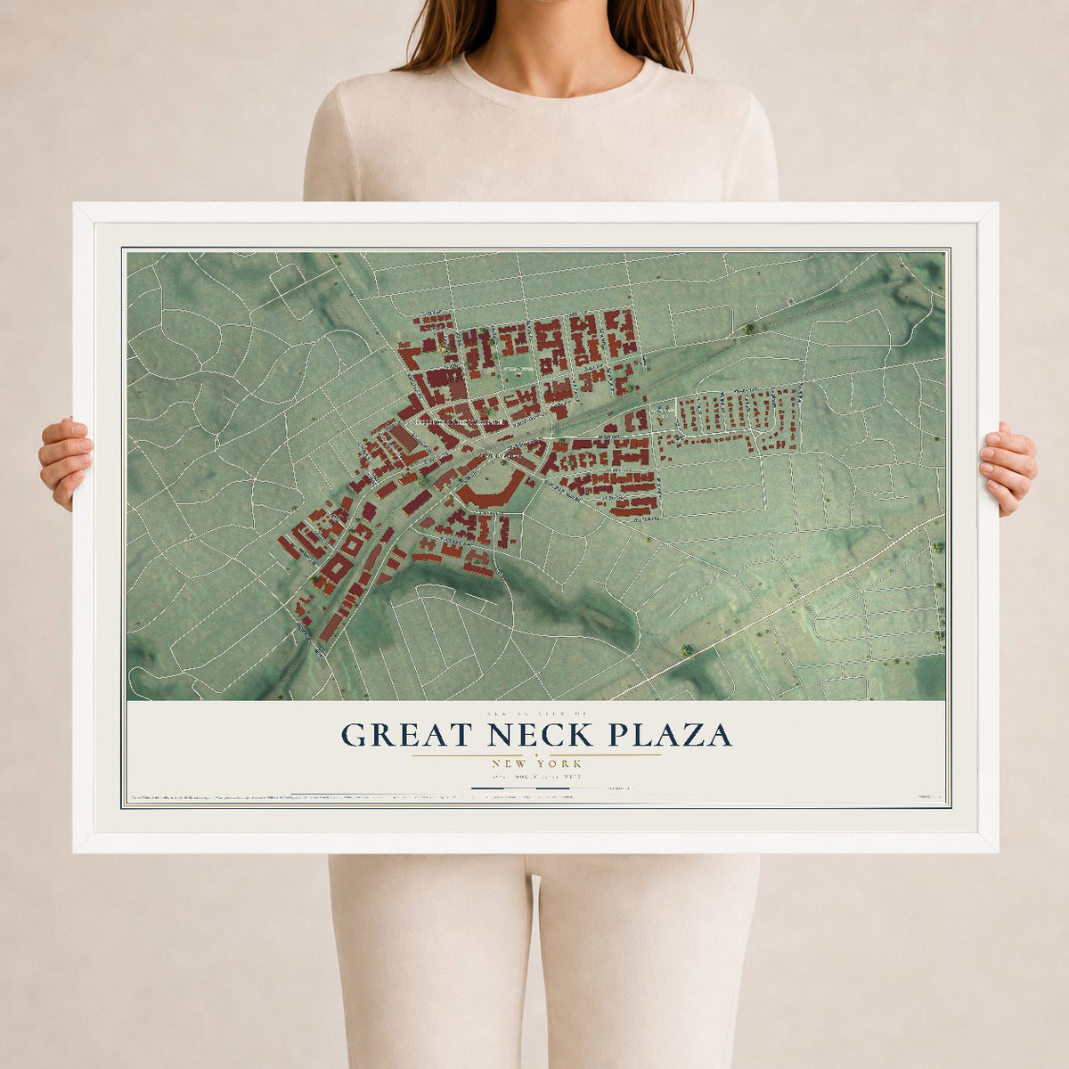 Great Neck Plaza, New York map print, 24" x 36" W/ White Ayous Wood Frame mockup