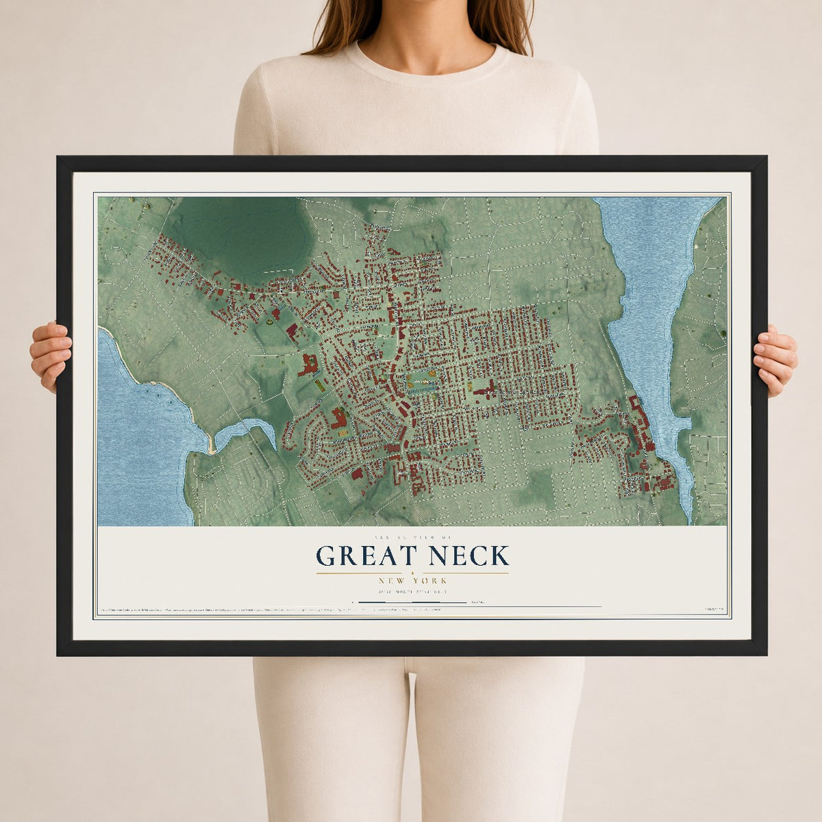 Great Neck, New York map print, 24" x 36" W/ Black Ayous Wood Frame mockup
