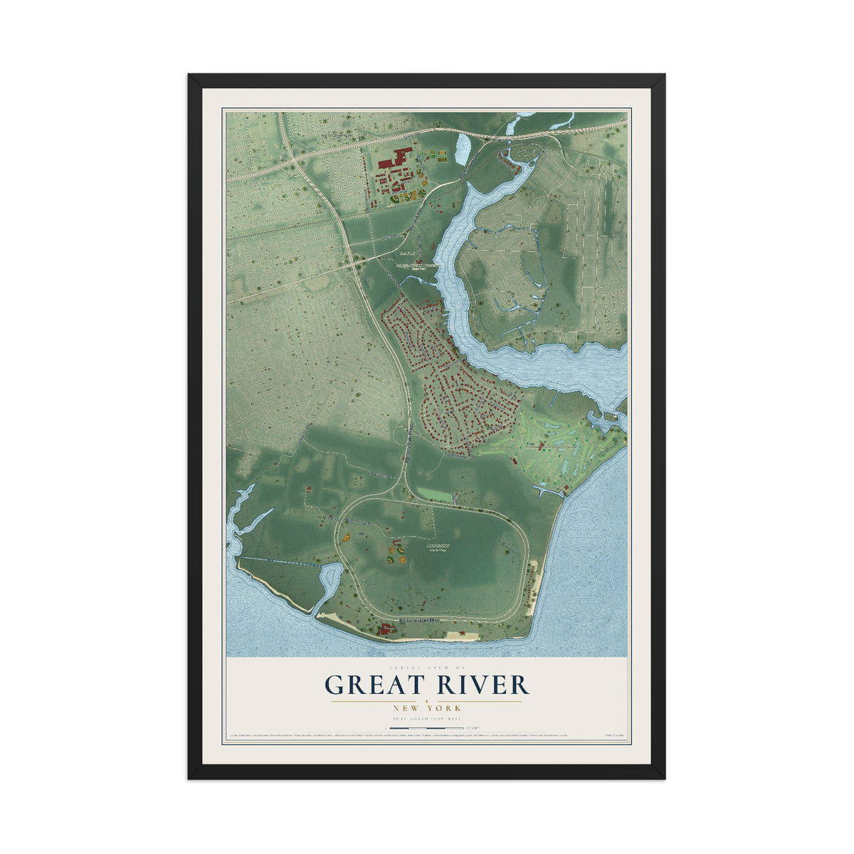 Great River, New York map print, 12" x 18" W/ Black Ayous Wood Frame mockup