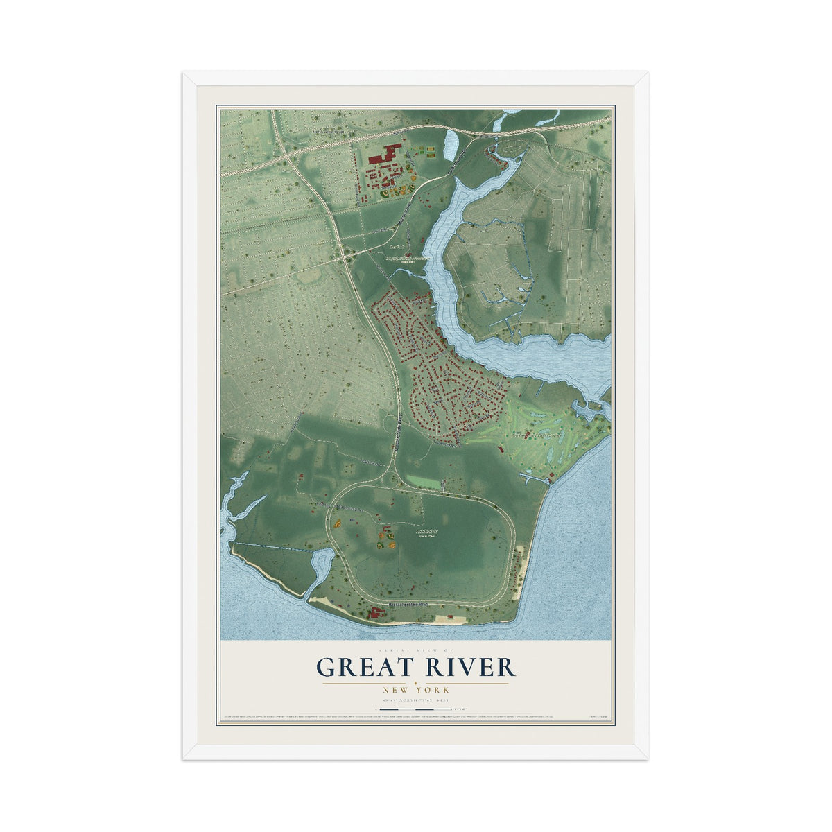 Great River, New York map print, 12" x 18" W/ White Ayous Wood Frame mockup