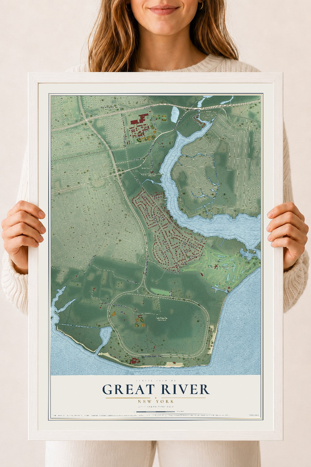 Great River, New York map print, 18" x 24" W/ White Ayous Wood Frame mockup