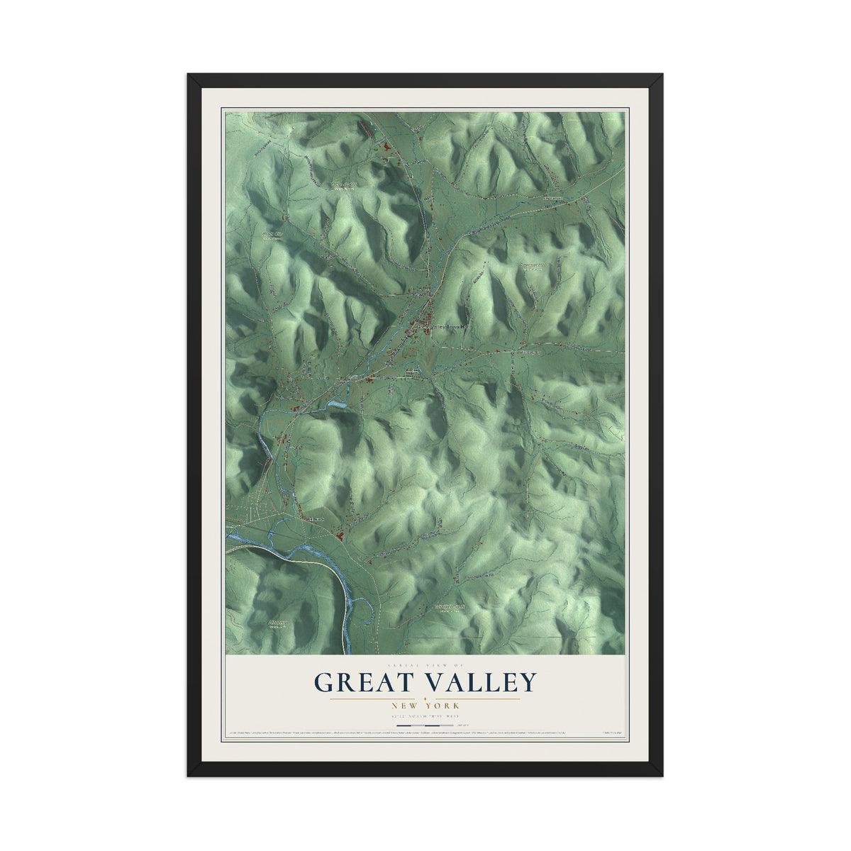 Great Valley, New York map print, 12" x 18" W/ Black Ayous Wood Frame mockup