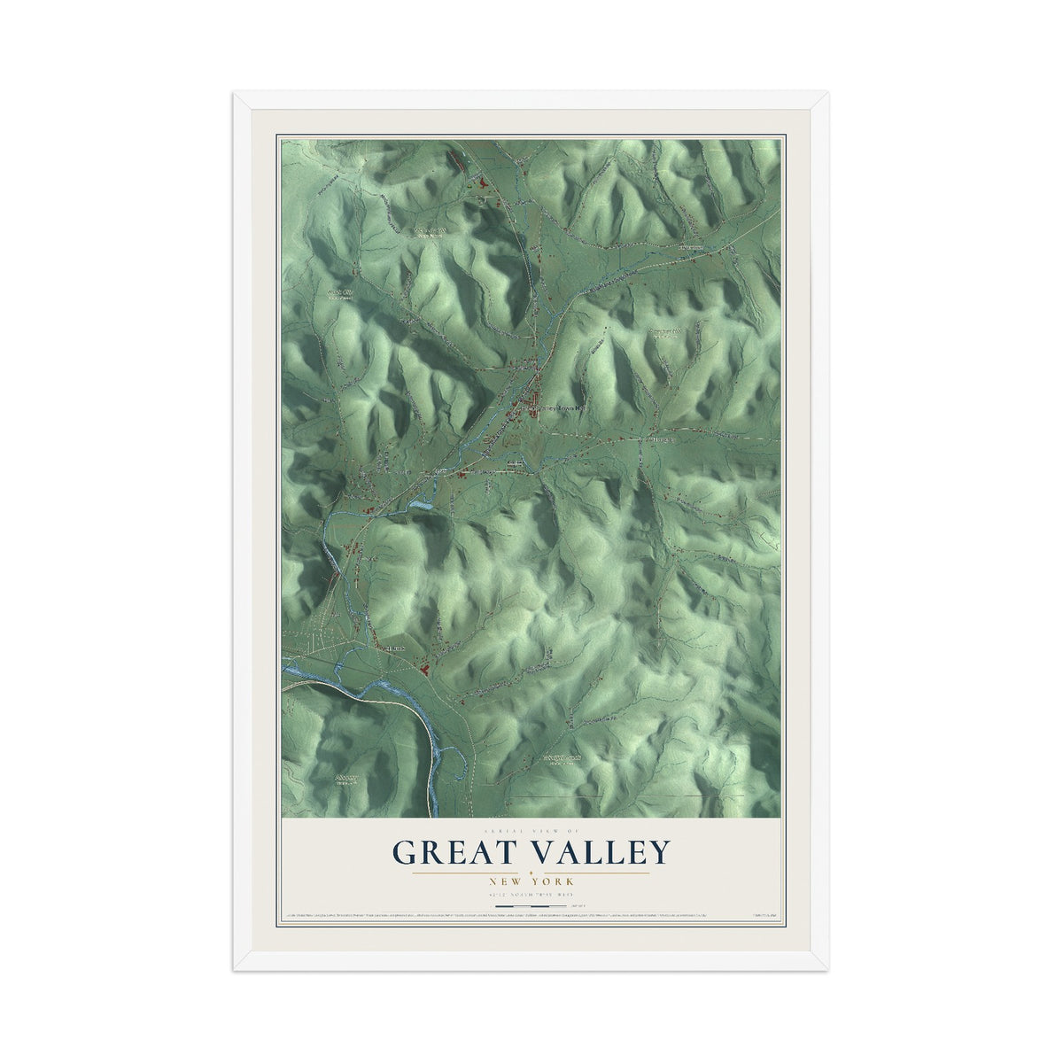 Great Valley, New York map print, 12" x 18" W/ White Ayous Wood Frame mockup