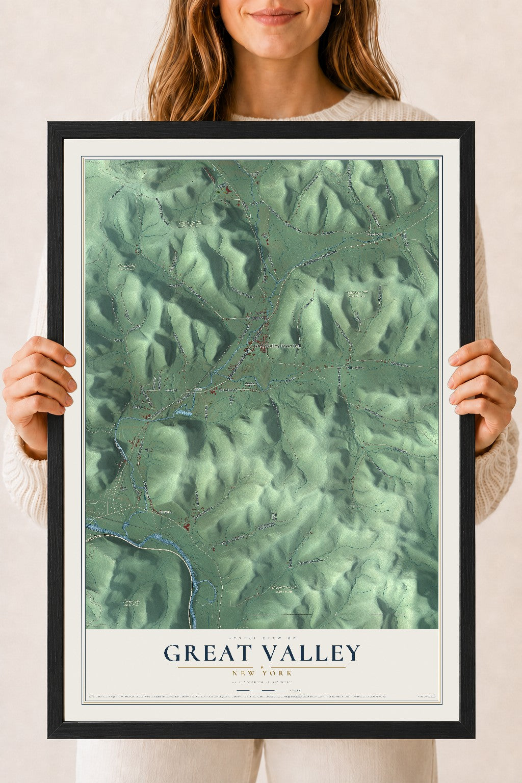 Great Valley, New York map print, 18" x 24" W/ Black Ayous Wood Frame mockup