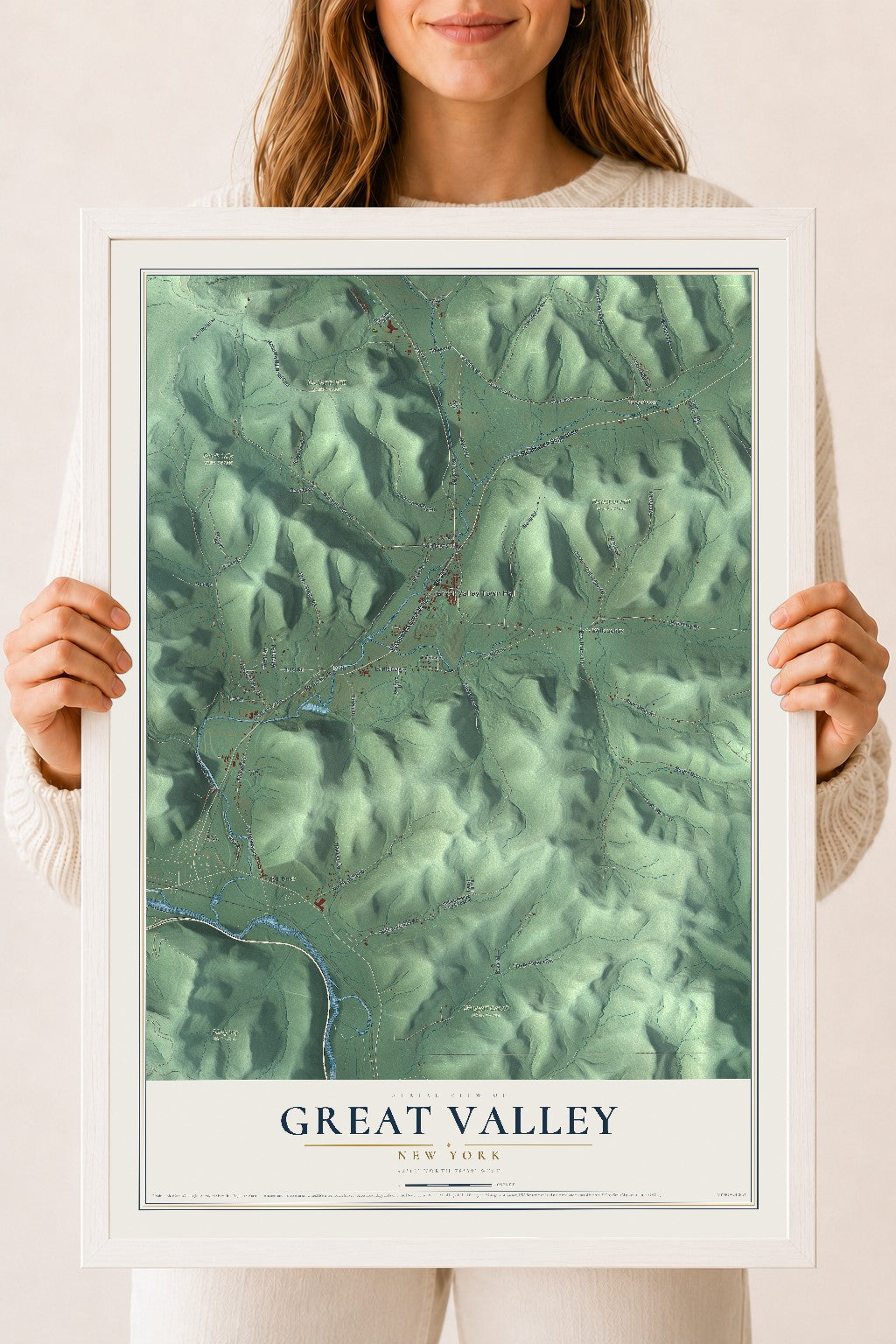 Great Valley, New York map print, 18" x 24" W/ White Ayous Wood Frame mockup