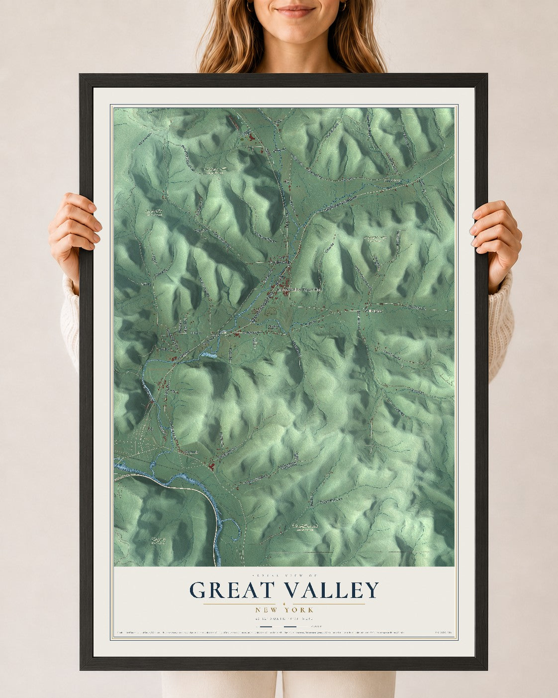 Great Valley, New York map print, 24" x 36" W/ Black Ayous Wood Frame mockup