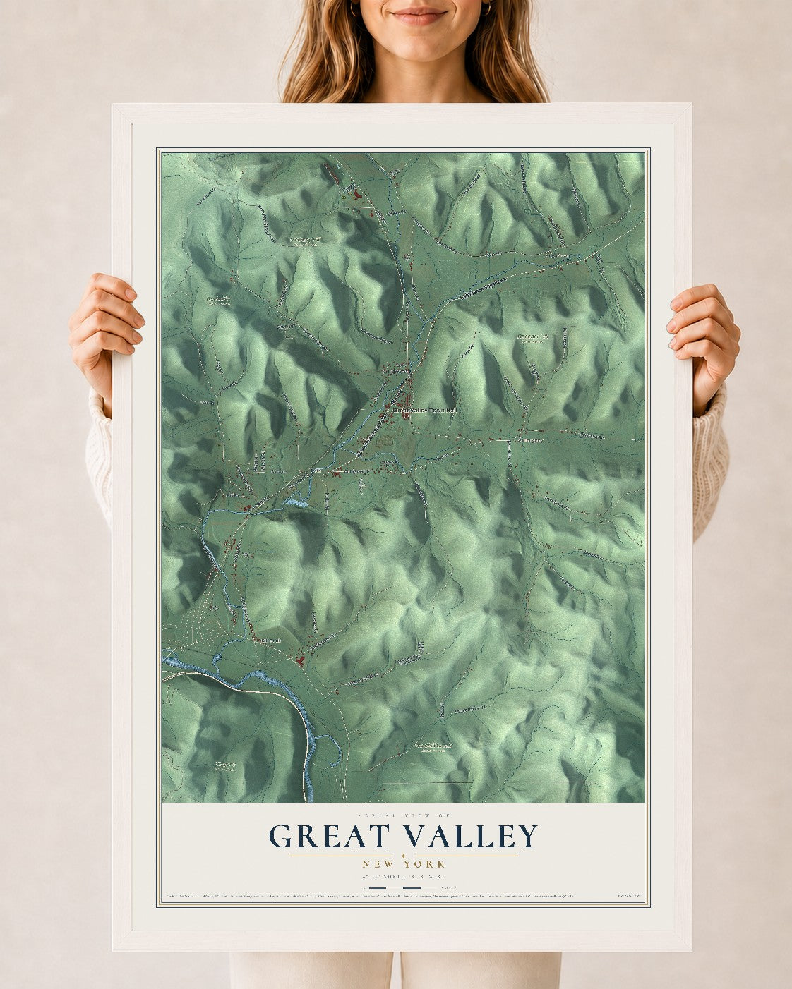 Great Valley, New York map print, 24" x 36" W/ White Ayous Wood Frame mockup