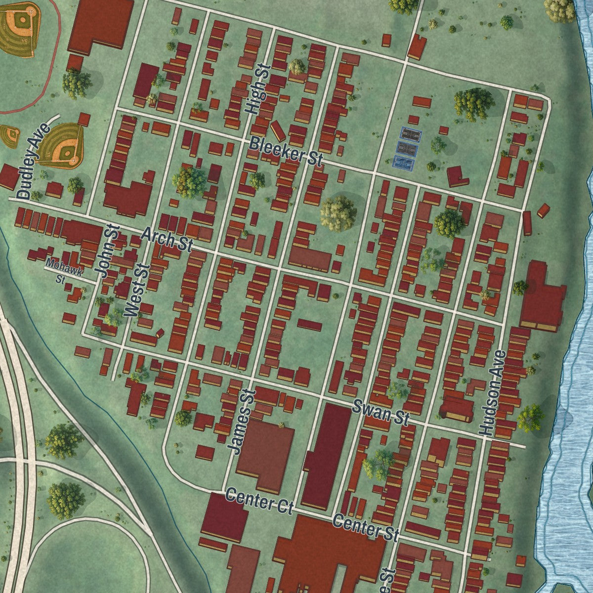 Close-up of the map of the Town of Green Island, New York print showing street and building detail