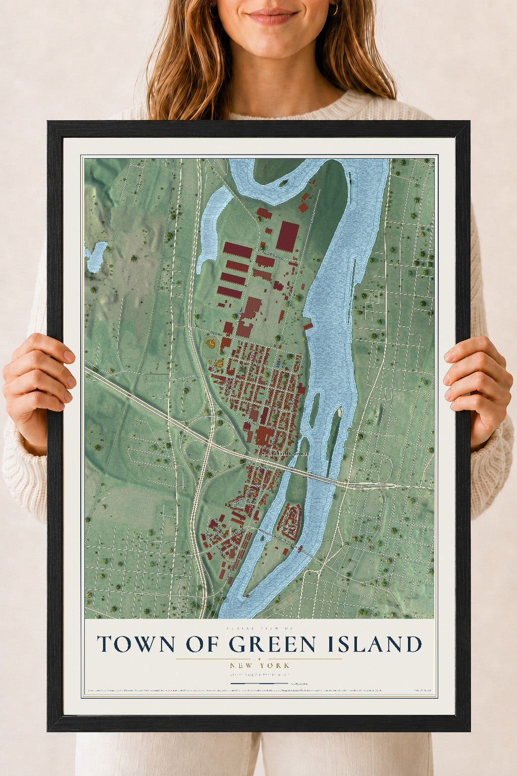 Map of the Town of Green Island, New York, 18 x 24 inch print in a black wood frame