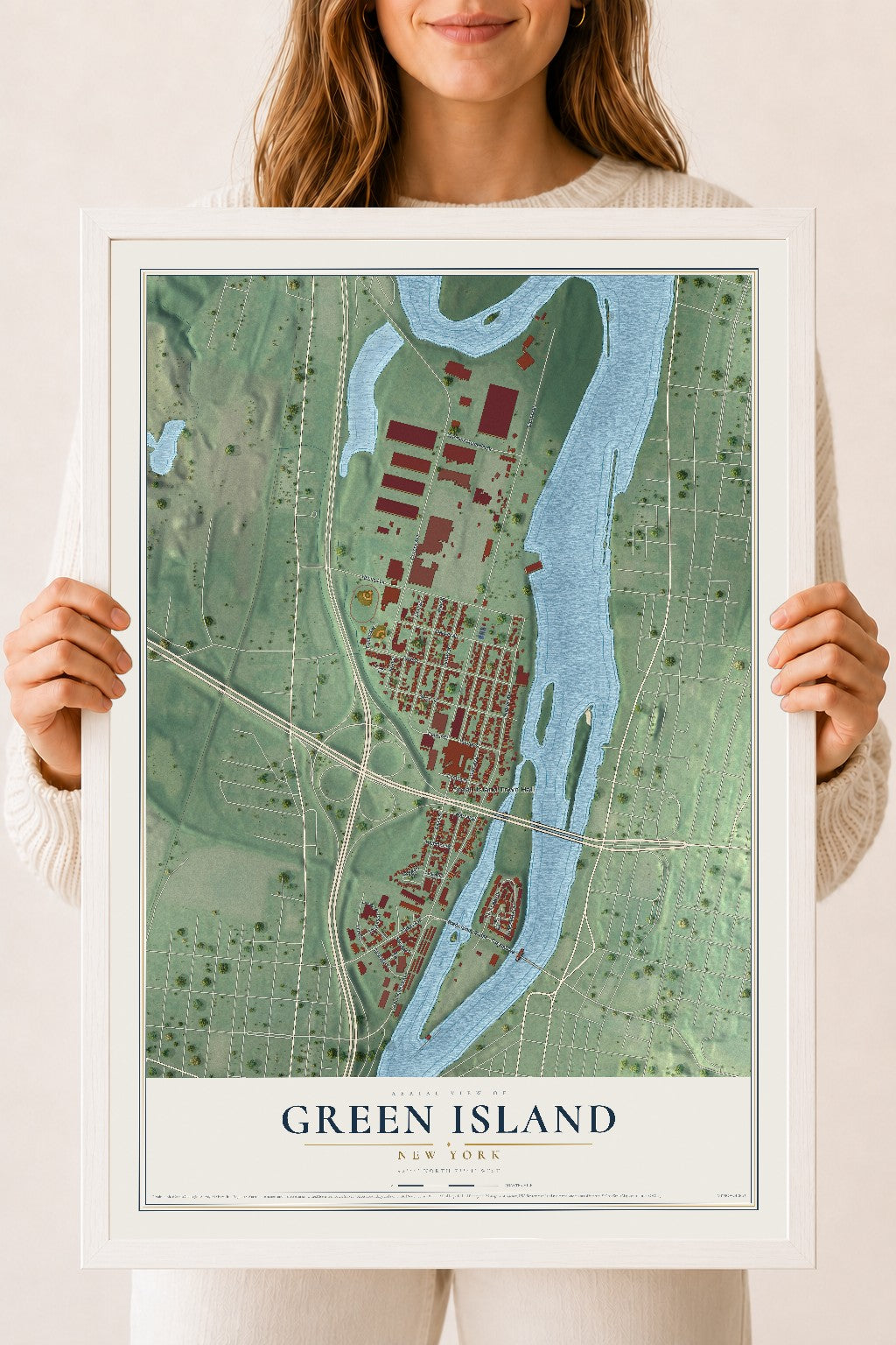 Green Island, New York map print, 18" x 24" W/ White Ayous Wood Frame mockup
