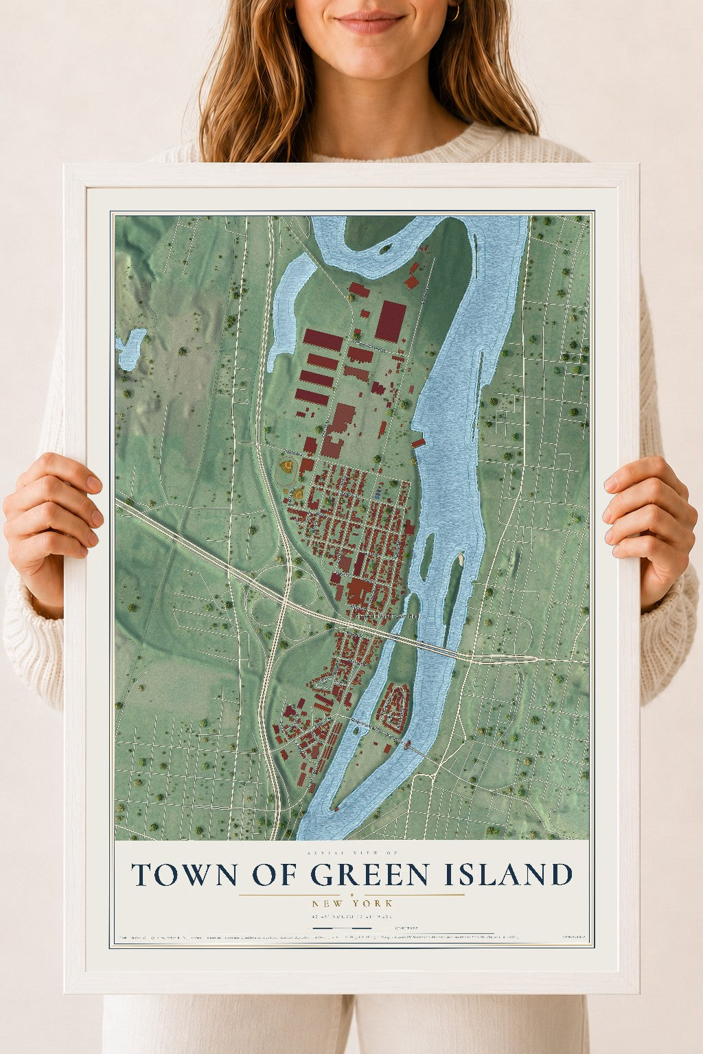 Map of the Town of Green Island, New York, 18 x 24 inch print in a white wood frame