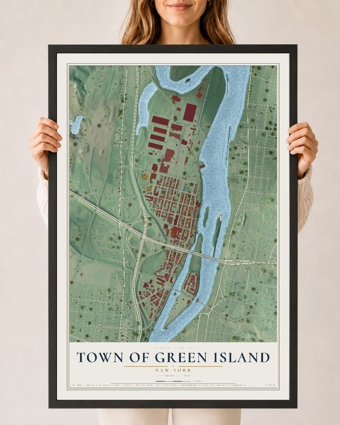 Map of the Town of Green Island, New York, 24 x 36 inch print in a black wood frame