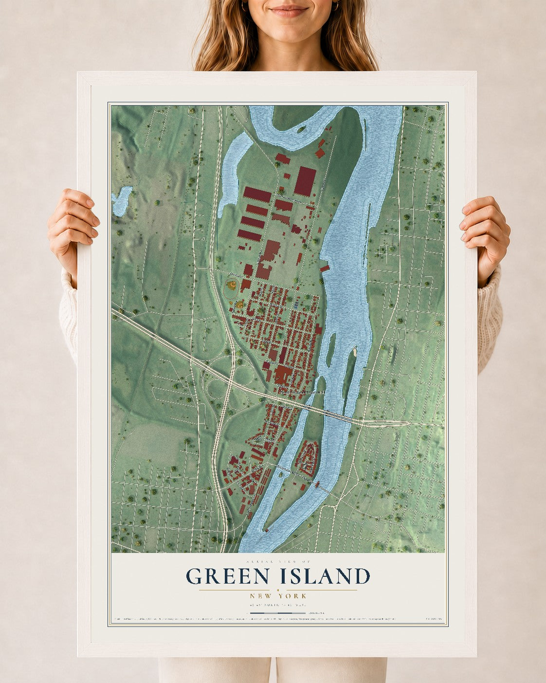 Green Island, New York map print, 24" x 36" W/ White Ayous Wood Frame mockup