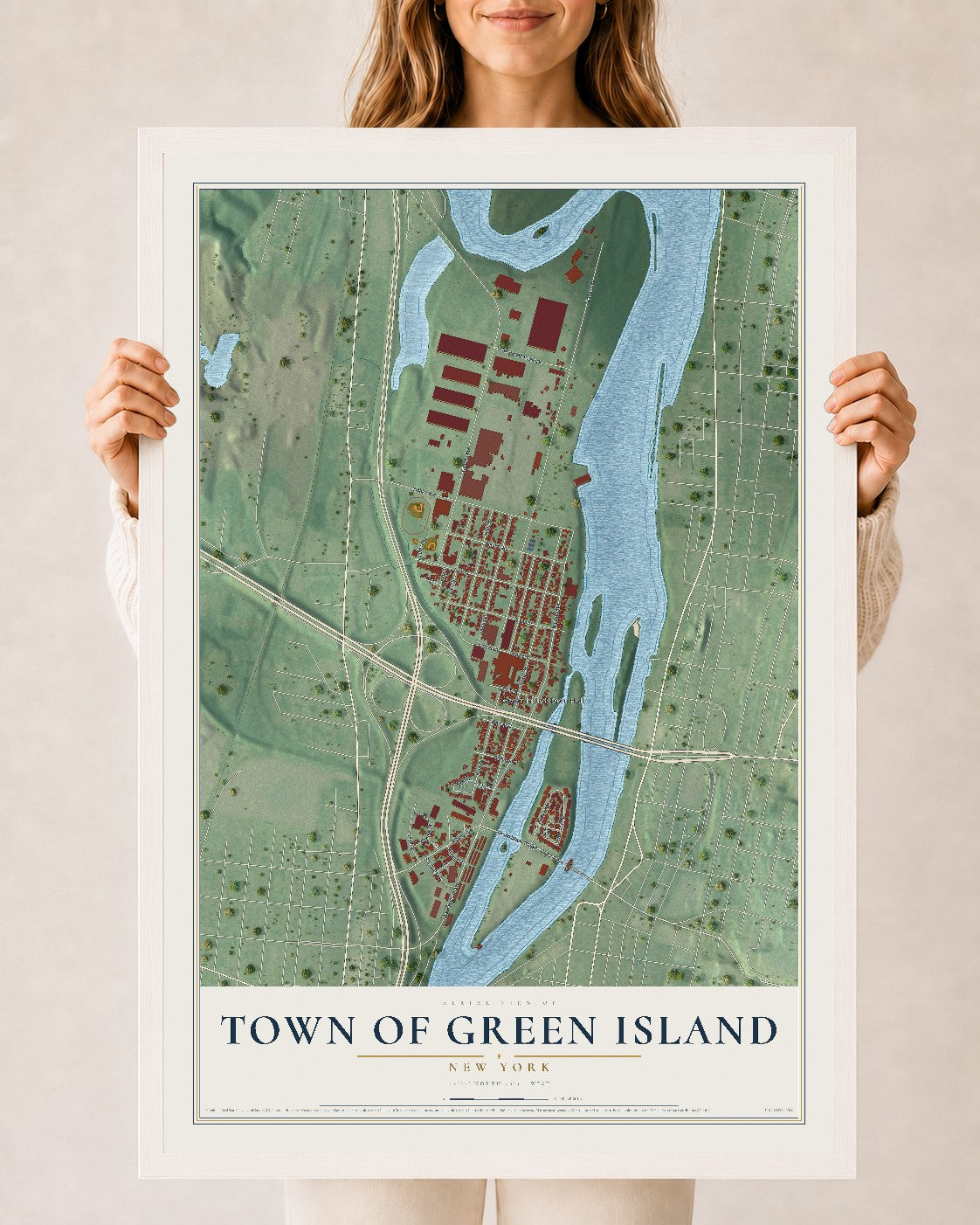 Map of the Town of Green Island, New York, 24 x 36 inch print in a white wood frame