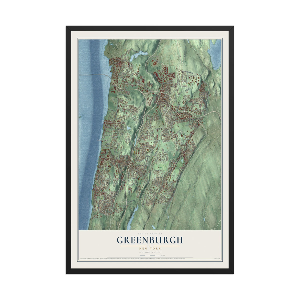Greenburgh, New York map print, 12" x 18" W/ Black Ayous Wood Frame mockup