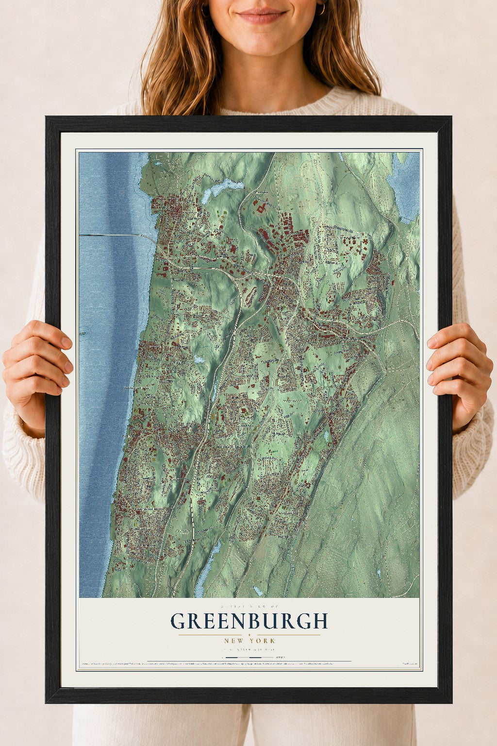 Greenburgh, New York map print, 18" x 24" W/ Black Ayous Wood Frame mockup