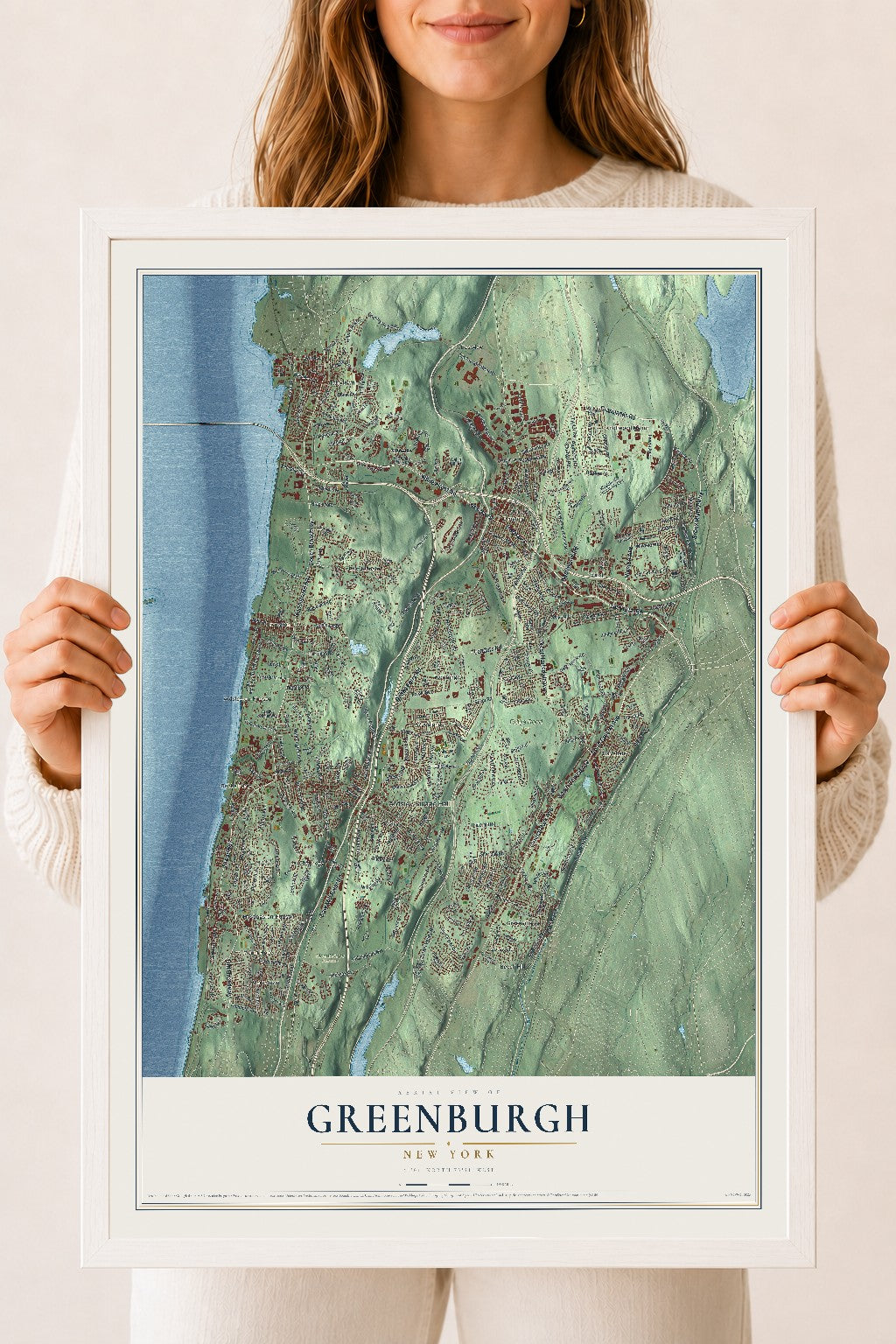 Greenburgh, New York map print, 18" x 24" W/ White Ayous Wood Frame mockup
