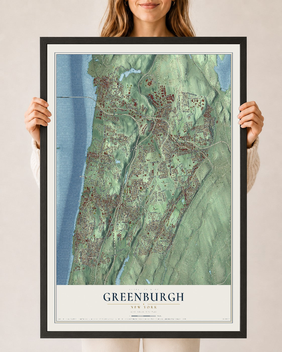 Greenburgh, New York map print, 24" x 36" W/ Black Ayous Wood Frame mockup